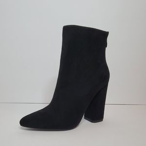 FASHION NOVA Murphy Blush Black Faux Suede Heel Ankle Boots